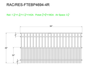 Ornamental Steel Puppy Picket Flat Top 8' Wide x 4' Tall 4-Rail Fence Panel with 3-7/8" Air Space