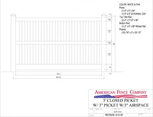 AFC-014   5' Tall x 8' Wide Closed Picket Fence with 3" Air Space