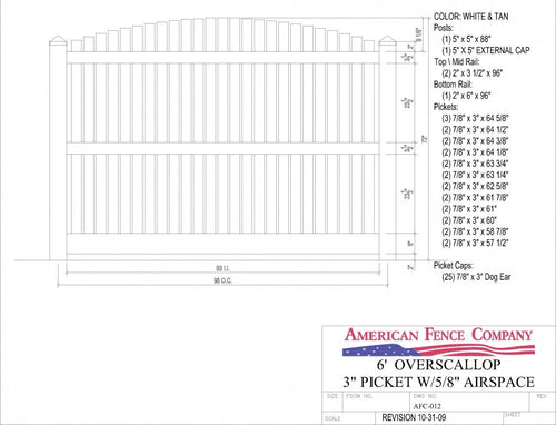 AFC-012   6' Tall x 8' Wide Overscallop Fence with 5/8" Air Space - Tan