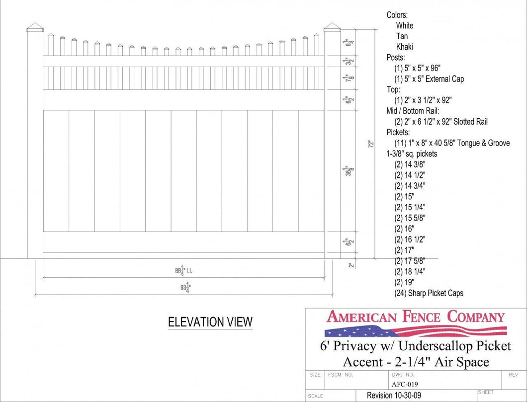 AFC-019   6' Tall x 8' Wide Privacy Fence with Underscallop Picket Accent