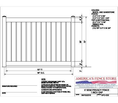 AFC-030   6' Tall x 8' Wide Semi Private Fence with 1" Air Space - White